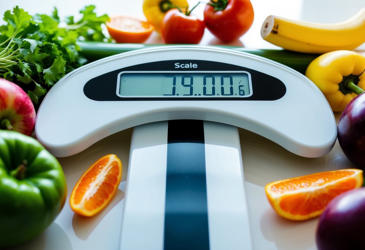 A scale with a decreasing number display, surrounded by healthy food and exercise equipment