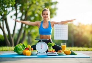 A scale surrounded by healthy foods and a tape measure, with a person's shadow in the background