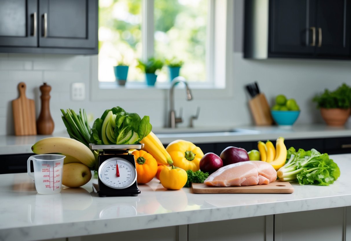 A kitchen counter with fresh fruits, vegetables, and lean proteins. A scale and measuring cups nearby