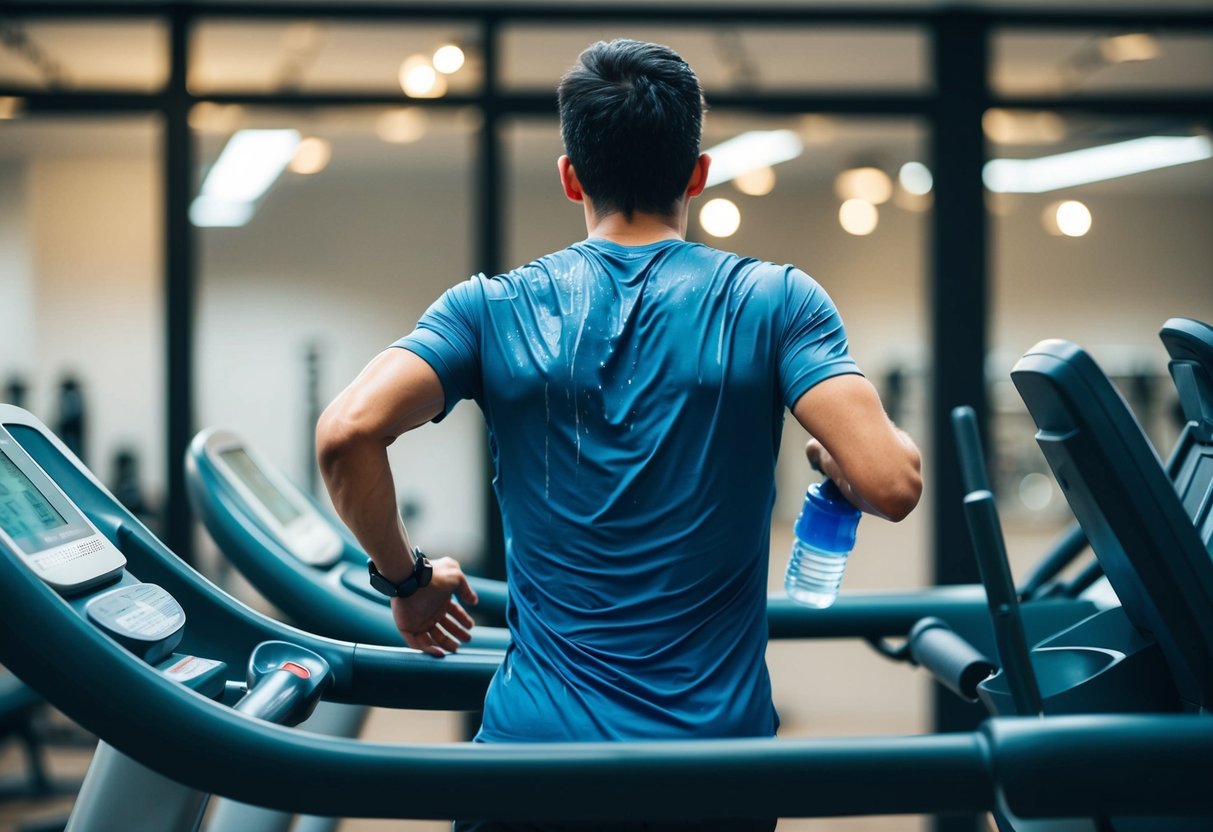 A person running on a treadmill with a sweat-drenched shirt, surrounded by gym equipment and a water bottle