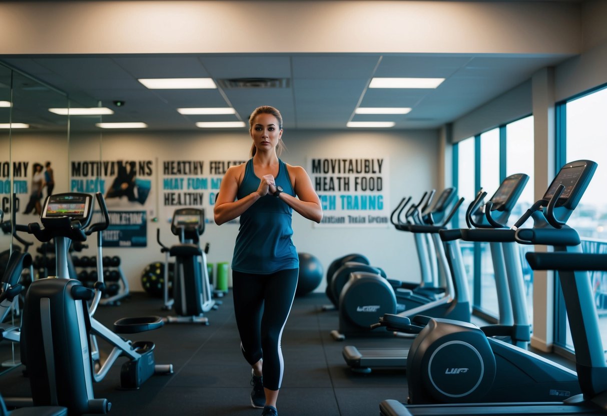 A person exercising in a gym with a mix of cardio and strength training equipment, surrounded by motivational posters and healthy food options