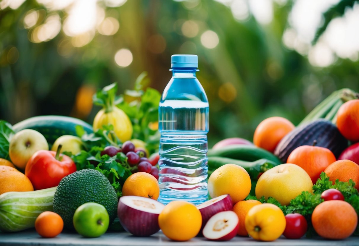 A water bottle surrounded by various fruits and vegetables