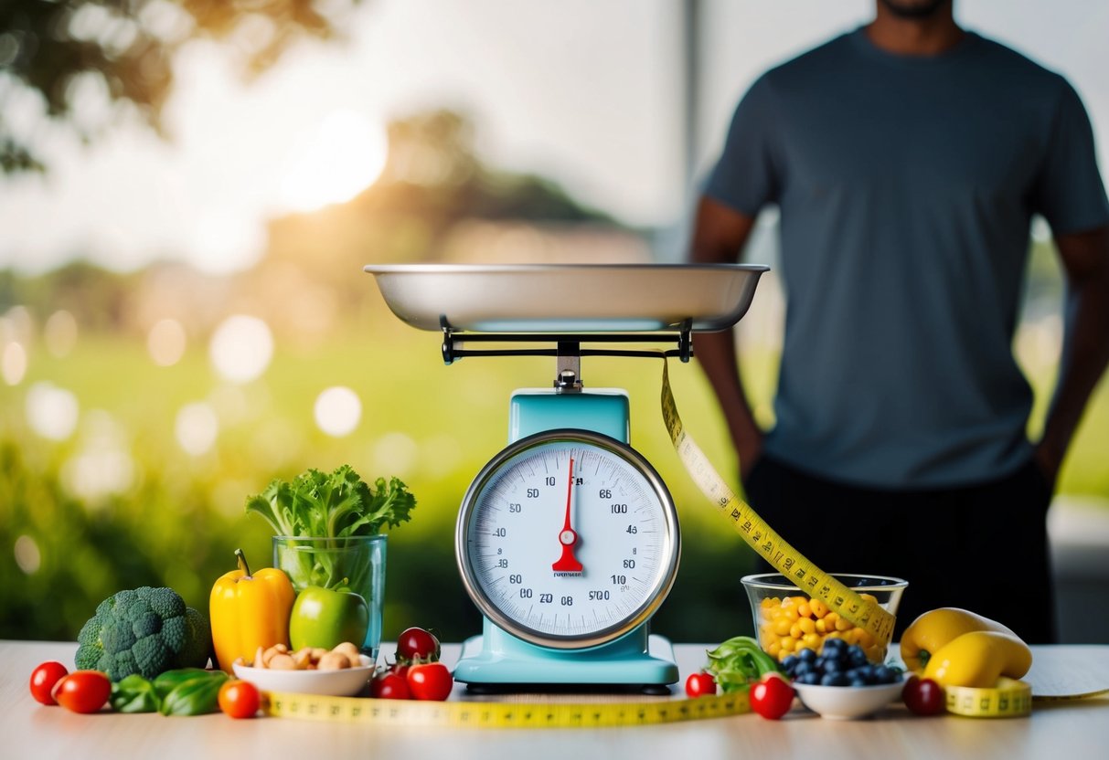 A variety of fresh fruits and vegetables arranged on a kitchen counter, with a scale and measuring tape nearby