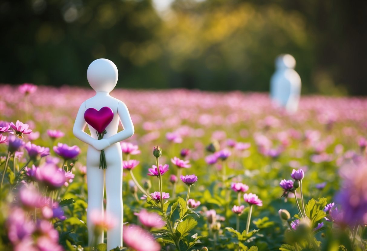 A figure standing in a field of blooming flowers, holding a heart-shaped bouquet and looking towards a distant figure