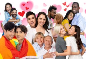 Several happy people embracing their partners and showing affection, including diverse couples of different ages and orientations, capturing how to confess my feelings to someone and build meaningful connections