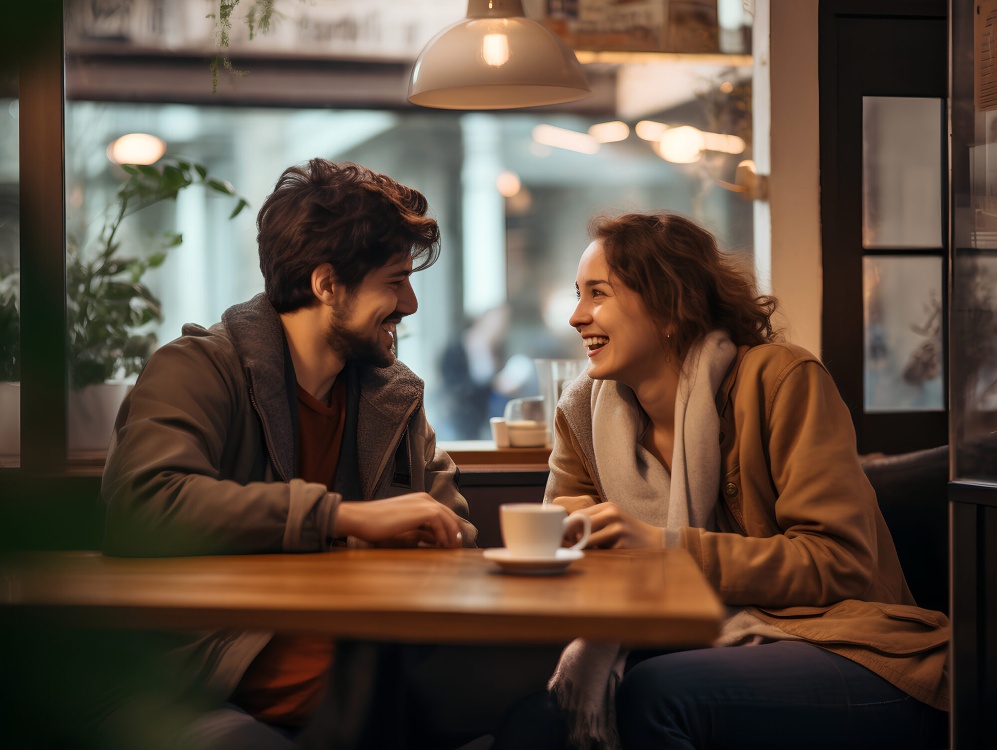 A man and woman sitting at a table in a cozy coffee shop, smiling and having a friendly conversation over coffee, with warm lighting and a relaxed atmosphere.