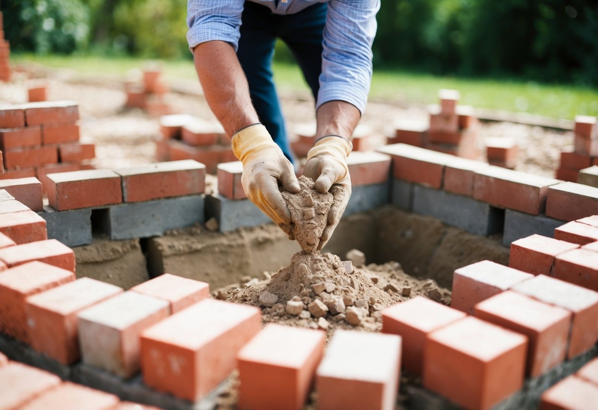 A worker wearing gloves placing a pile of dirt in the middle of a brick foundation under construction, symbolizing the process of building a strong foundation.