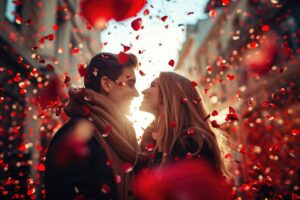 Romantic couple surrounded by red rose petals in an intimate moment, symbolizing affection and connection, representing the journey of learning how to win a man's heart