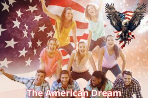 Vibrant image representing the spirit of the American Dream, featuring happy young people forming a human pyramid in front of the United States flag, symbolizing unity, freedom, and the pursuit of success. The American eagle in the background highlights the greatness and iconic values of the American Dream